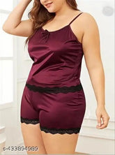 Solid wine red satin lingerie set, LUXELOOM Sleepwear for women's sexy nightwear